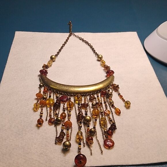 Elegant Gold and Brown Chain/Beaded Statement Necklace Boho Granny Chic - Picture 4 of 7